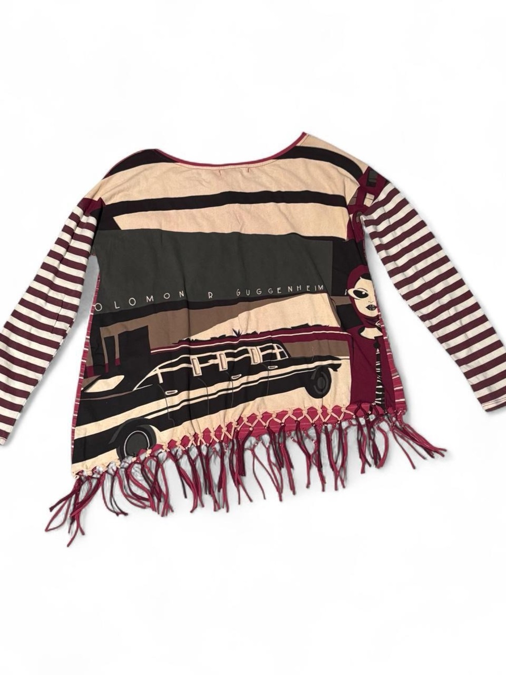 Custo Barcelona Burgundy, Cream & Black Striped Fringe Long Sleeve Tee
